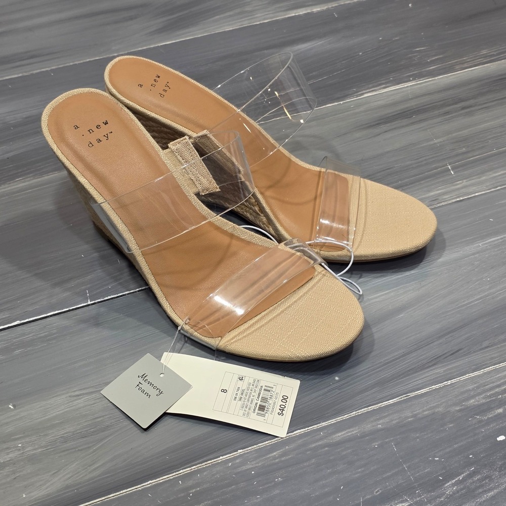 A New Day Ansel Espadrille‎ Wedge Sandals Clear Double Strap Tan - Picture 8 of 11